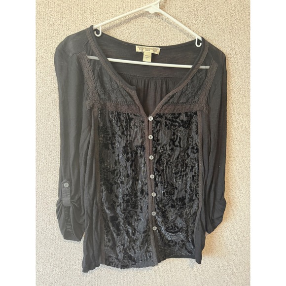 Vintage America Blues Black Velvet Lace Button Front Roll Tab Sleeve Top Small - Picture 2 of 8